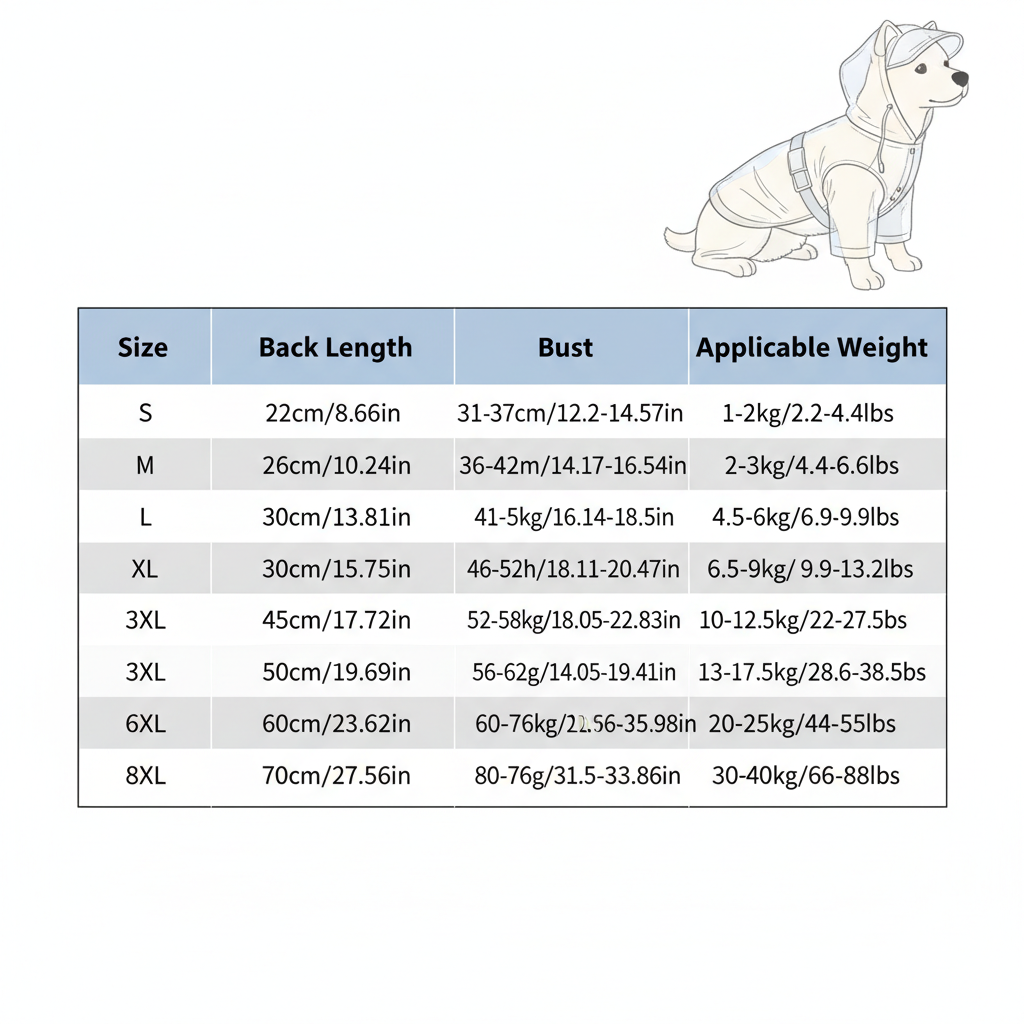 Size chart transparent dog raincoat S to 8XL - back length bust and weight guide