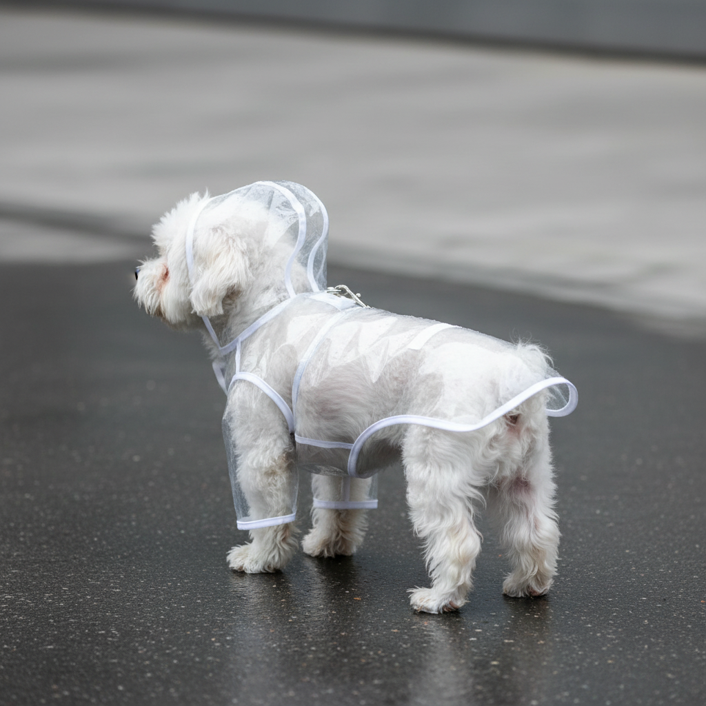 Small dog wearing transparent EVA raincoat - white edging style